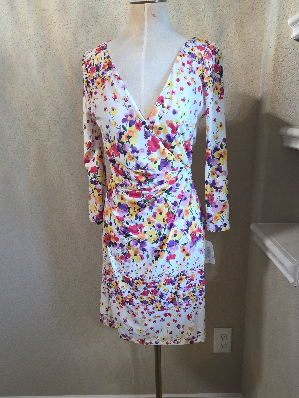 Jessica Simpson White Floral Wrap Dress with Pink Purple & Yellow Print
